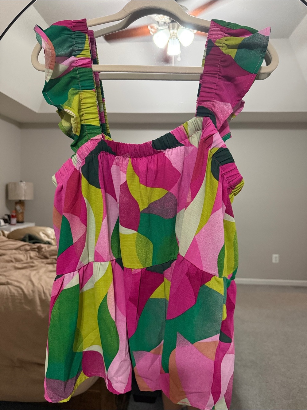 Boutique ruffled Strap Bright Pink & Green Sleeveless Top